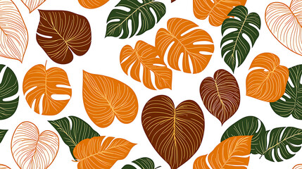 Beautiful seamless pattern featuring stylized tropical leaves warm autumn colors, creating an inviting and comforting