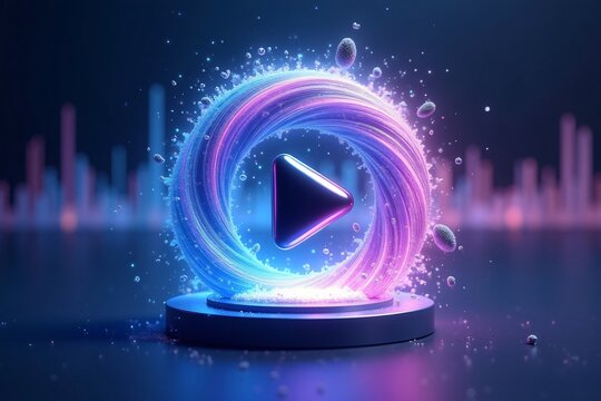 Vibrant holographic play button surrounded by ethereal light and floating particles in a digital concept on a dark background