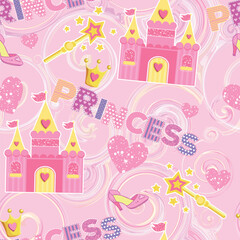 Princess Seamless Pattern for textile  with castle, crown, butterfly, stars, diamond. Abstract seamless pattern for girls.