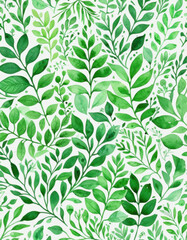 Watercolor illustration of green leaves on a white background, suitable for use in nature-inspired designs, such as greeting cards or print materials