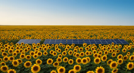 Obraz premium Solar Panels in a Sunflower Field: Sustainable Energy and Nature
