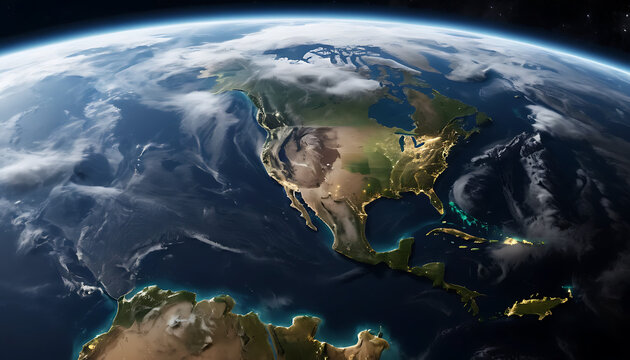 Captivating space view of Earth featuring glowing city lights across continents, highlighting the stunning geography, ocean patterns, and atmospheric details seen from orbit - Powered by Adobe