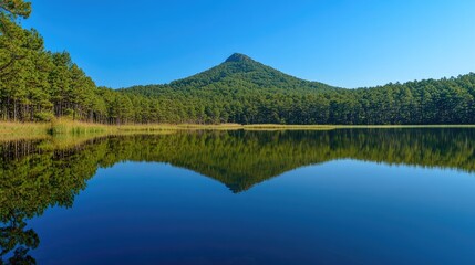 Serene mountain reflected in a tranquil lake.