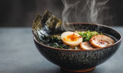 A steaming bowl of ramen with sliced meat, a soft-boiled egg, greens, and noodles in rich broth.