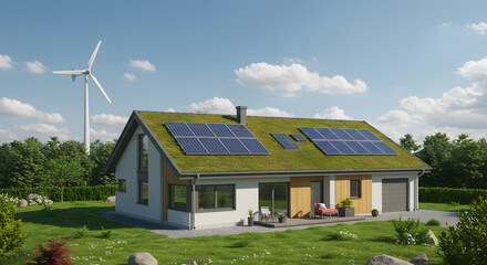 Obraz premium Eco-Friendly Modern House with Solar Panels and Wind Turbine