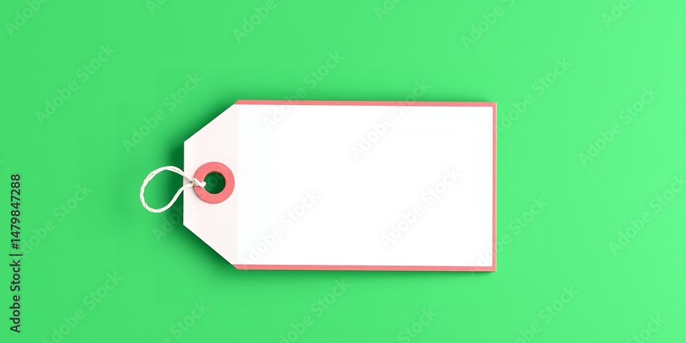 Poster a white tag with a pink border and string on a green background in a top down shot view