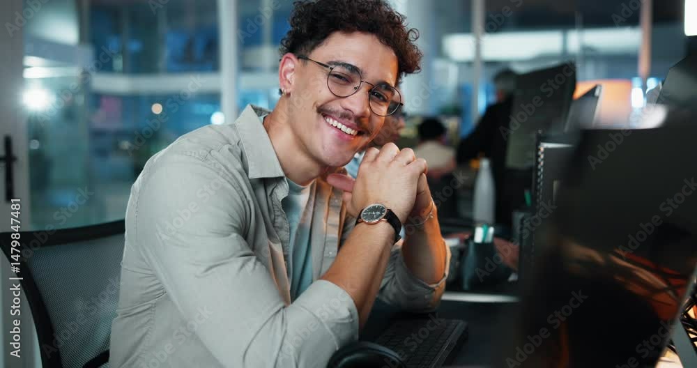 Poster Computer, face and smile of developer man at desk in office as graphic designer for software development. Business, programming and web design with happy coder or engineer at work for virtual update
