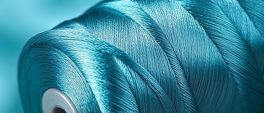 Teal thread spool closeup; textile texture