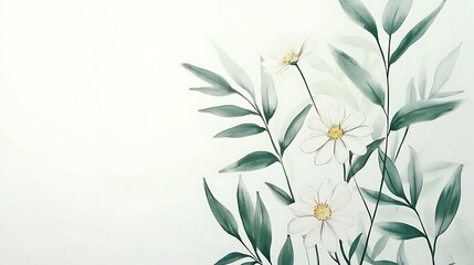 Watercolor illustration of delicate white flowers and green leaves against a pale background.