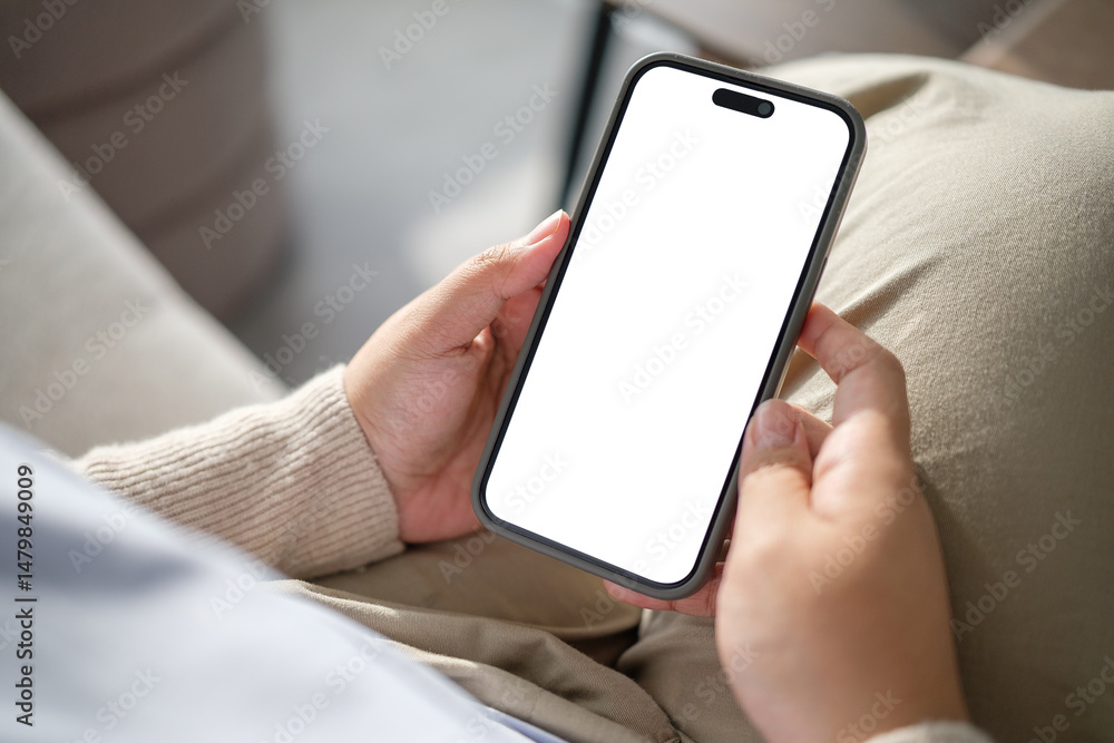 Poster hands holding smartphone with empty white screen, perfect for ui design or app mockup presentations.
