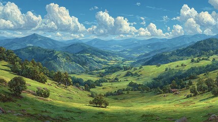 Obraz premium Scenic illustration picturesque green valley with mountains background. Blue sky, white clouds, sunny day. Nature landscape, spring season, fresh air. Summer travel, eco tourism, relaxation mood.
