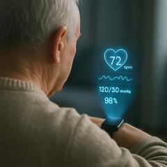 Senior Man Monitoring Health with Smartwatch Hologram Concept
