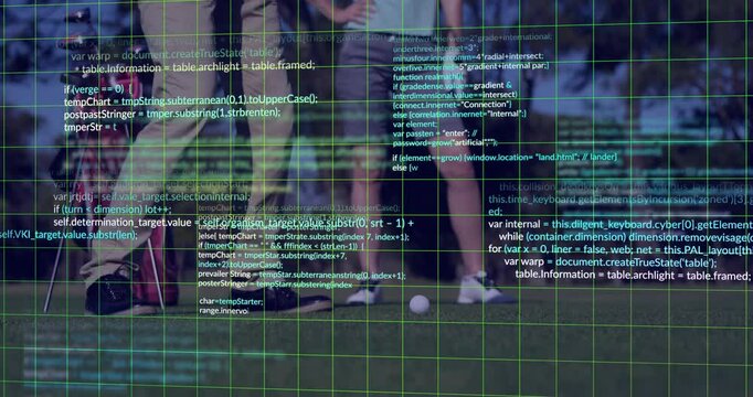 woman and man analyzing bike tech data on grassy field, displaying floating code grid
