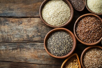Closeup of diverse grains and seeds in wooden bowls rustic kitchen setting still life photography natural elements aesthetic viewpoint