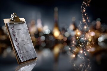 City skyline background with glowing transparent checklist form, 