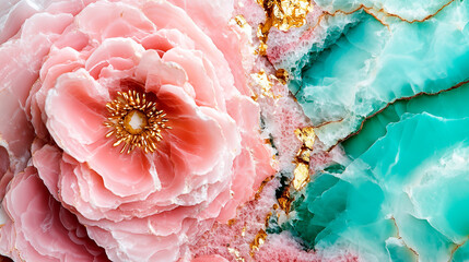 Close-Up of Intricate Rose Made from Pink and Turquoise Agate with Gold Leaf Accents on Textured Marble.Detailed close-up of a luxurious rose crafted from pink and turquoise agate gemstones with gold 