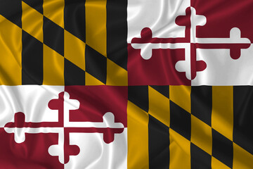 Flag of Maryland State waving in the wind on silk texture