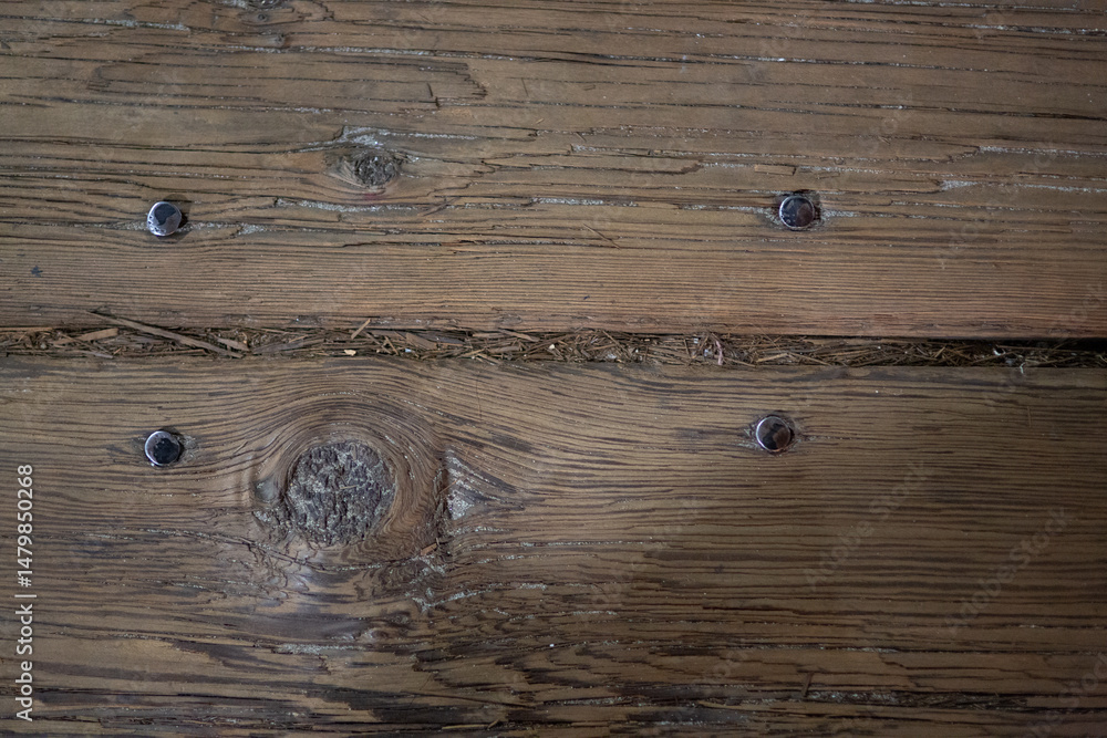 Poster High-resolution image of dark brown reclaimed wood texture with visible nails. Perfect for rustic backgrounds.