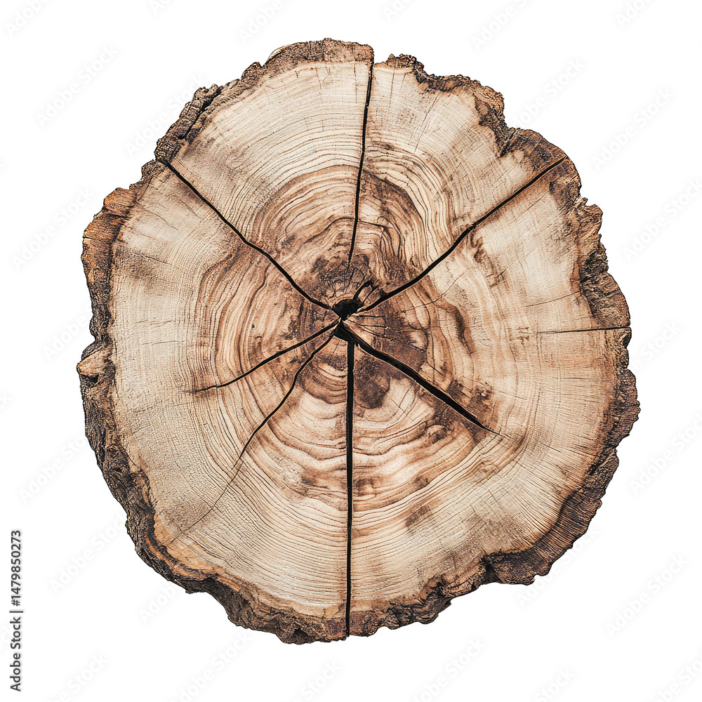 Poster a close-up of a tree trunk cross-section showing the rings and texture of the wood the surface is cr