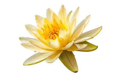 Single water lily flower blooms displaying white and yellow petals, including glistening droplets against transparent background