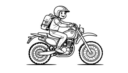 Naklejka premium Motorcycle Rider with Backpack Cartoon Line Art