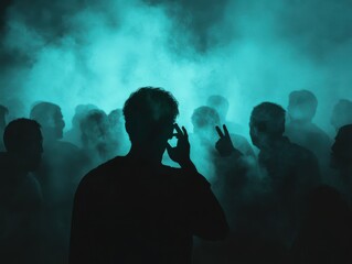 Shadowy figure whispering into ears of crowd, symbolizing subtle spread of panic and lies