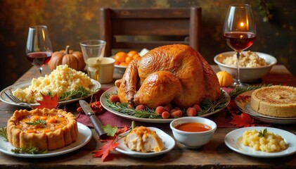 A rustic wooden table laden with a delicious Thanksgiving feast, including roasted turkey, stuffing, mashed potatoes, gravy, cranberry sauce, and pumpkin pie , abundant, green
