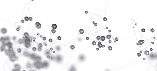 Stock photo of an abstract network connection, featuring gray spheres linked by thin lines on a white background. Ideal for technology, science, and connec
