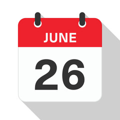June 26 Daily Calendar. Red Theme on White Background