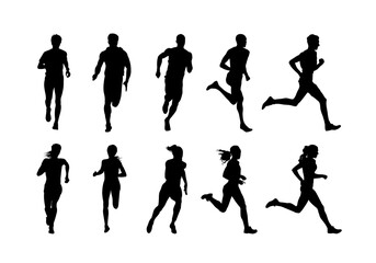 Run, running men and women, group of isolated vector silhouettes. Track and field athletes
