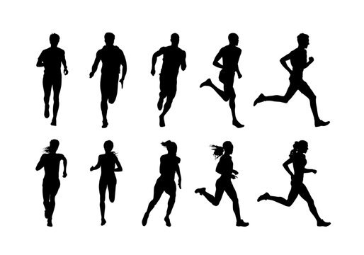 Run, running men and women, group of isolated vector silhouettes. Track and field athletes