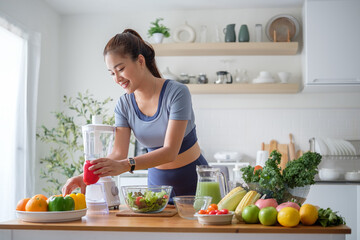 Smiling young woman preparing ingredients to make a nutritious salad. Healthy lifestyle concept.