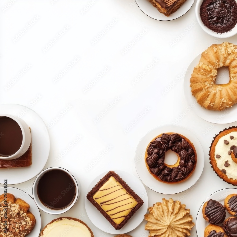 Poster overhead flat lay of assorted pastries and hot chocolate on white background creating copy space for