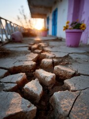 Cracked and Broken Concrete Pathway Leading to a Colorful House at Sunset