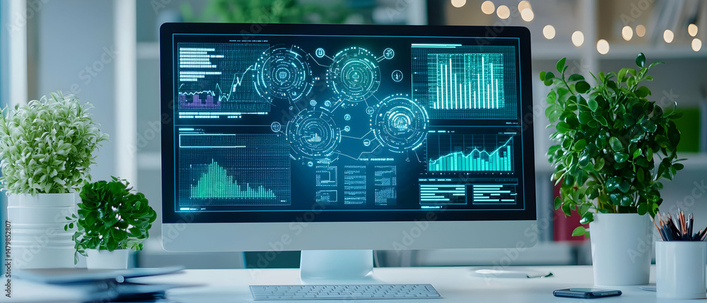 Poster modern computer screen with data visualizations