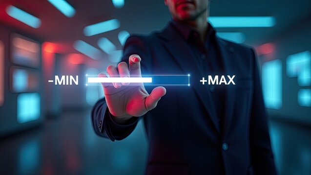 User adjusts digital interface settings in a modern workspace during an evening presentation