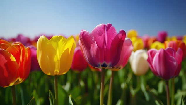 Vibrant tulips in a field under a clear blue sky
