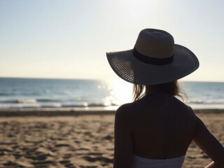 A woman wearing a hat on the beach, perfect for summer vacation or relaxation theme