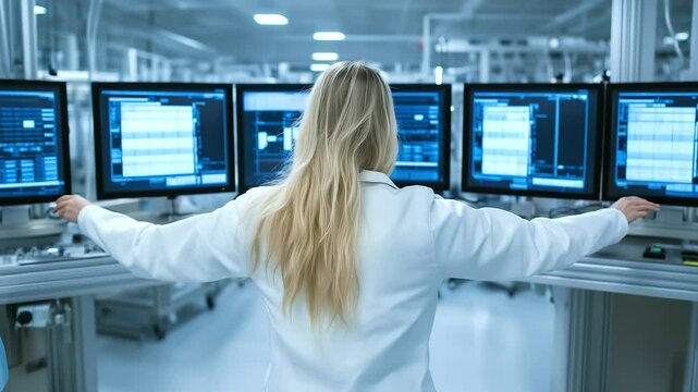 A woman in a factory uniform, standing with her back to the viewer, adjusts the settings on several screens displaying production data, overseeing the performance of automated mach