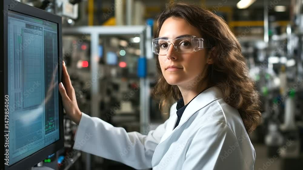 Poster a woman in factory uniform, looking at production processes through computer screens, adjusts machin