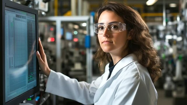 A woman in factory uniform, looking at production processes through computer screens, adjusts machinery settings to optimize the automated manufacturing process in a smart industri