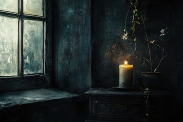 A single candle illuminates a dimly lit room, casting a warm glow on a small wooden table by a frosted window.  A potted plant with dried flowers adds to the still, melancholic scene