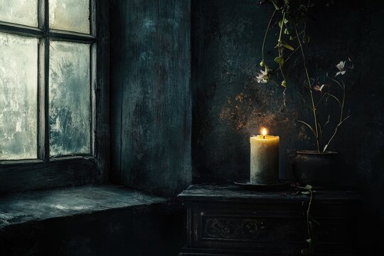 A single candle illuminates a dimly lit room, casting a warm glow on a small wooden table by a frosted window.  A potted plant with dried flowers adds to the still, melancholic scene - Powered by Adobe