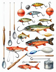 Assorted fishing tools and accessories, ideal for outdoorsy scenes or product photography