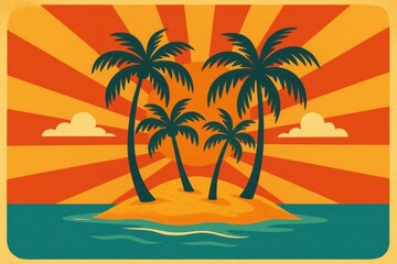 Tropical island with retro graphics and coconut trees