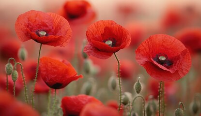 Obraz premium Vibrant Red Poppies in a Field Close up View