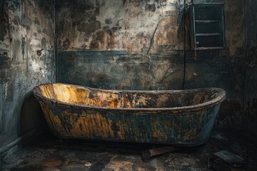 Decaying bathtub in a derelict, ruined room.  Peeling paint, charred walls, and a faded tub highlight the ravages of time