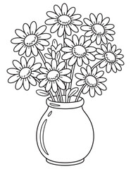 Vase of Cartoon Daisies Line Art &ndash; Whimsical Flower Coloring Page