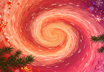 Festive Watercolor Swirl with Pine Branches and Decorative Ornaments