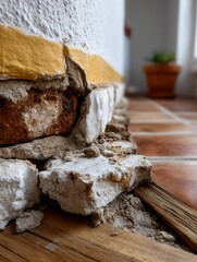 Close-up of damaged brick and plaster wall with chipped paint on wooden floor and background with potted plant